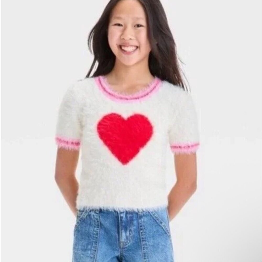 Art Class Valentines Day Girls Faux Fur Heart Pullover Size L 10/12 NWT